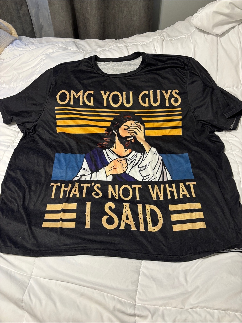 Black Graphic Tee with Gold and Blue Print - OMG You Guys